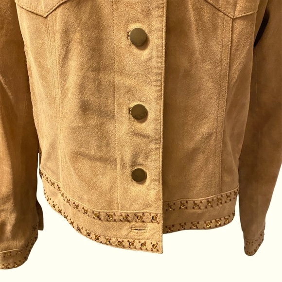 Tribal Suede Tan Leather Jacket With Gold Sequin & Beaded Trim, Womens size 10 - Picture 10 of 16